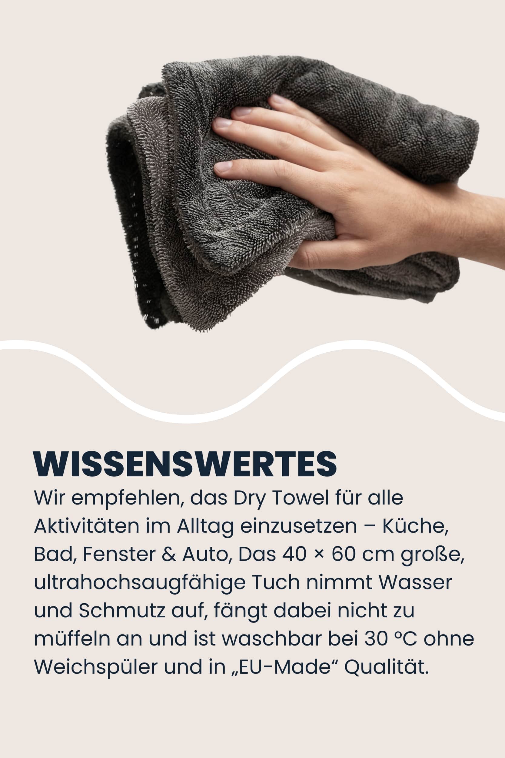 Hand wischt mit dickem dunkelgrauen LUFIP Dry Towel; Infotext empfiehlt Einsatz in Küche, Bad, Fenster, Auto, beschreibt hohe Wasser- & Schmutzaufnahme, geruchshemmende Fasern, Waschbarkeit bei 30 °C ohne Weichspüler und EU-Made-Qualität.