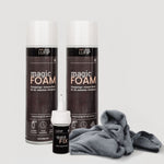 Set aus zwei LUFIP Magic Foam Universalreinigern, einem Quick Fix Sekundenkleber mit Präzisionsdüse und einem grauen Mikrofasertuch vor hellem Hintergrund – ideale Komplettlösung zum Reinigen, Kleben und Polieren.