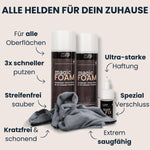 Produkt-Collage unter Überschrift „Alle Helden für dein Zuhause“: zwei LUFIP Magic Foam Sprays, Quick Fix Sekundenkleber und graues Mikrofasertuch. Pfeile heben Vorteile hervor: für alle Oberflächen, 3-mal schneller putzen, streifenfrei sauber, kratzfrei & schonend, extrem saugfähig, ultra-starke Haftung, Spezialverschluss.