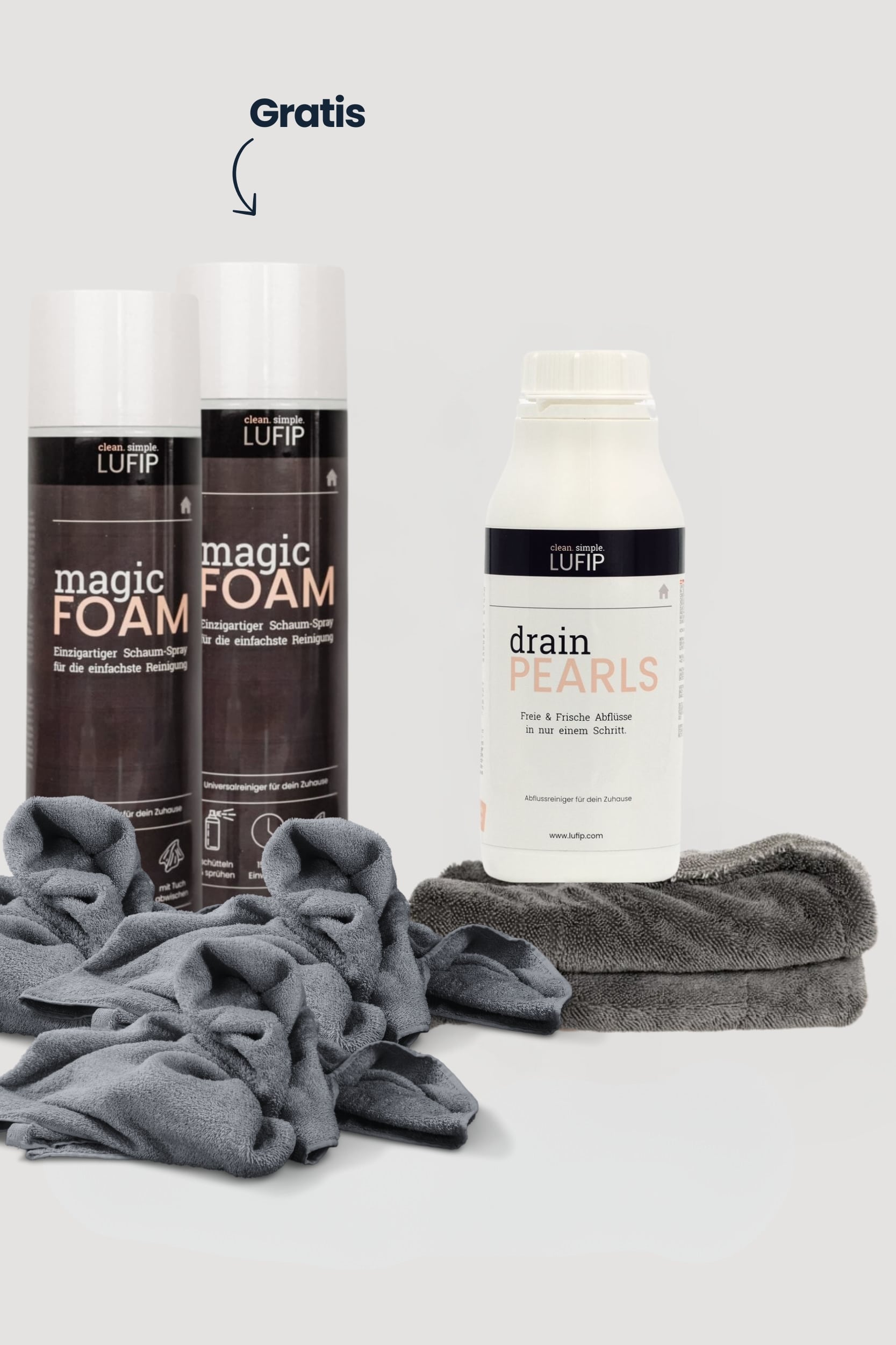 Testen Sie jetzt das LUFIP Kennenlern-Set: 1× Magic FOAM + Gratis-Dose, 1× Drain PEARLS & Mikrofasertuch. Saubere Flächen & freie Abflüsse in einem Paket!
