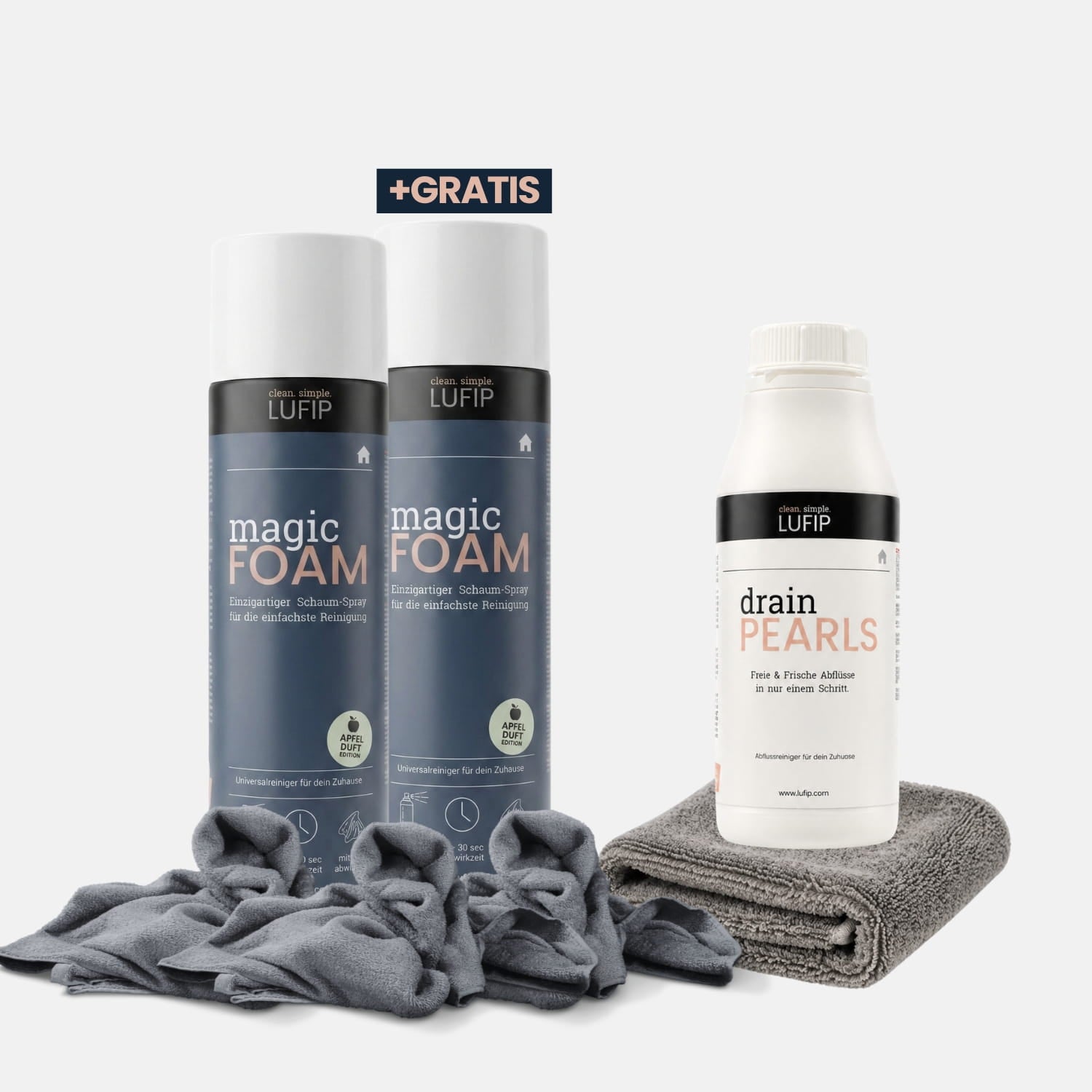 LUFIP Kennenlern-Set mit 2x Magic Foam Aktivschaum, 1x Drain Pearls Abflussreiniger gratis und Magic Towel Mikrofasertüchern. Reinigungsset für Haushalt, Küche, Bad und Abfluss.