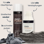  Reinigungs-Komplettset von LUFIP: Magic Foam Sprayschaum, Drain Pearls Rohrreiniger und zwei graue Mikrofasertücher vor hellem Hintergrund; beschriftet mit Vorteilen wie „für alle Oberflächen“, „löst alle Verstopfungen“, „streifenfrei sauber“, „3× schneller putzen“, „kratzfrei & schonend“ und „ultra saugfähig“.