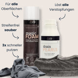 Reinigungs-Komplettset von LUFIP: Magic Foam Sprayschaum, Drain Pearls Rohrreiniger und zwei graue Mikrofasertücher vor hellem Hintergrund; beschriftet mit Vorteilen wie „für alle Oberflächen“, „löst alle Verstopfungen“, „streifenfrei sauber“, „3× schneller putzen“, „kratzfrei & schonend“ und „ultra saugfähig“.