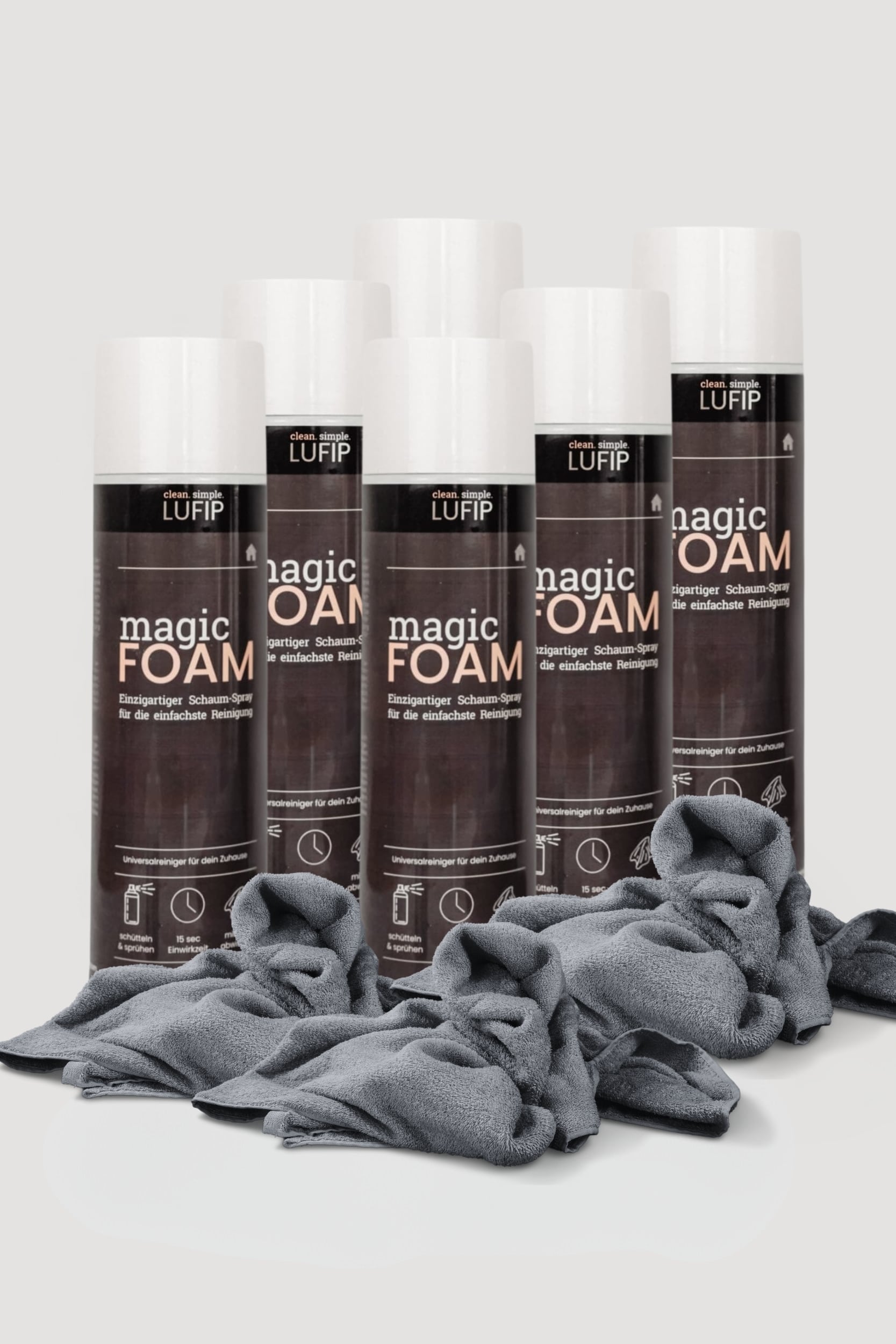 Maximale Reichweite: LUFIP Magic FOAM im 6-er Spar-Bundle mit 3 Tüchern. Perfekt für Großverbraucher & Vielflieger im Haushalt – kraftvoll & schnell.
