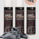 Drei LUFIP Magic Foam Schaum-Sprays nebeneinander, vorne ein graues Mikrofasertuch, oben rechts ein runder Sticker „Nur jetzt –15 %“.