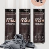 Drei LUFIP Magic Foam Schaum-Sprays nebeneinander, vorne ein graues Mikrofasertuch, oben rechts ein runder Sticker „Nur jetzt –15 %“.