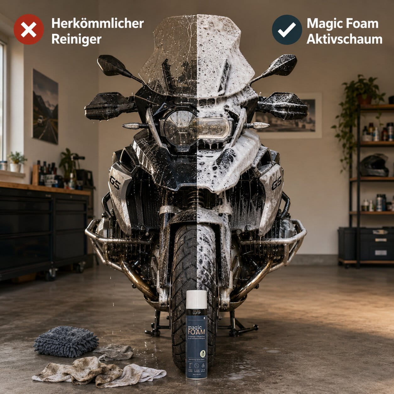Vorher Nachher Vergleich Motorradreinigung mit LUFIP Magic Foam Aktivschaumreiniger