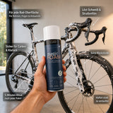 LUFIP Magic Foam Aktivschaum auf einem Rennrad mit Carbonrahmen zur schonenden Reinigung von Fahrradoberflächen ohne Rückstände.