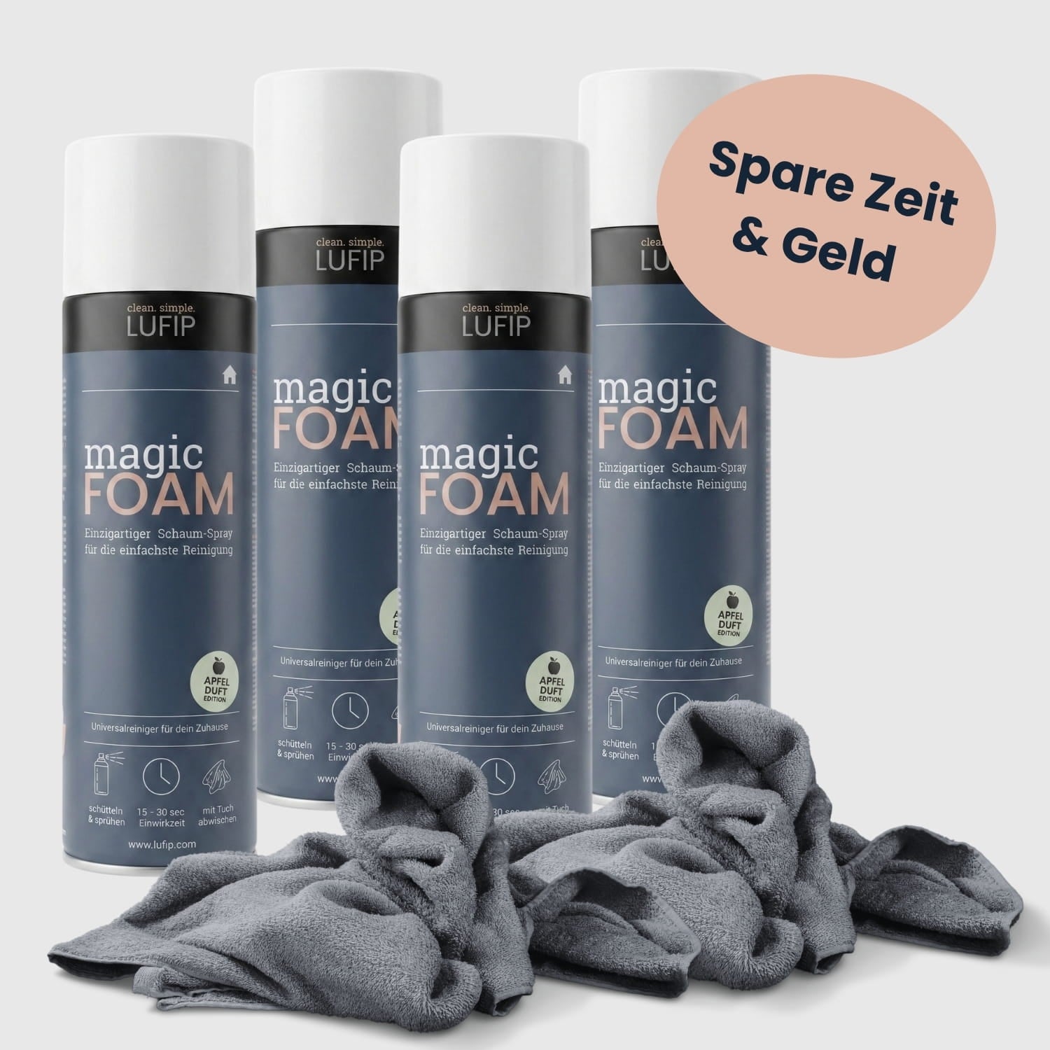 LUFIP Magic Foam Aktivschaumreiniger 4er Set mit Vertikalhafttechnologie und Apfelduft für Küche, Bad und Glasflächen