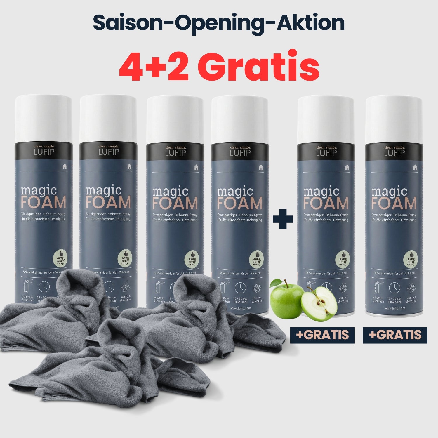 LUFIP Magic Foam Aktivschaumreiniger Saison Aktion 4 plus 2 gratis mit Apfelduft Edition