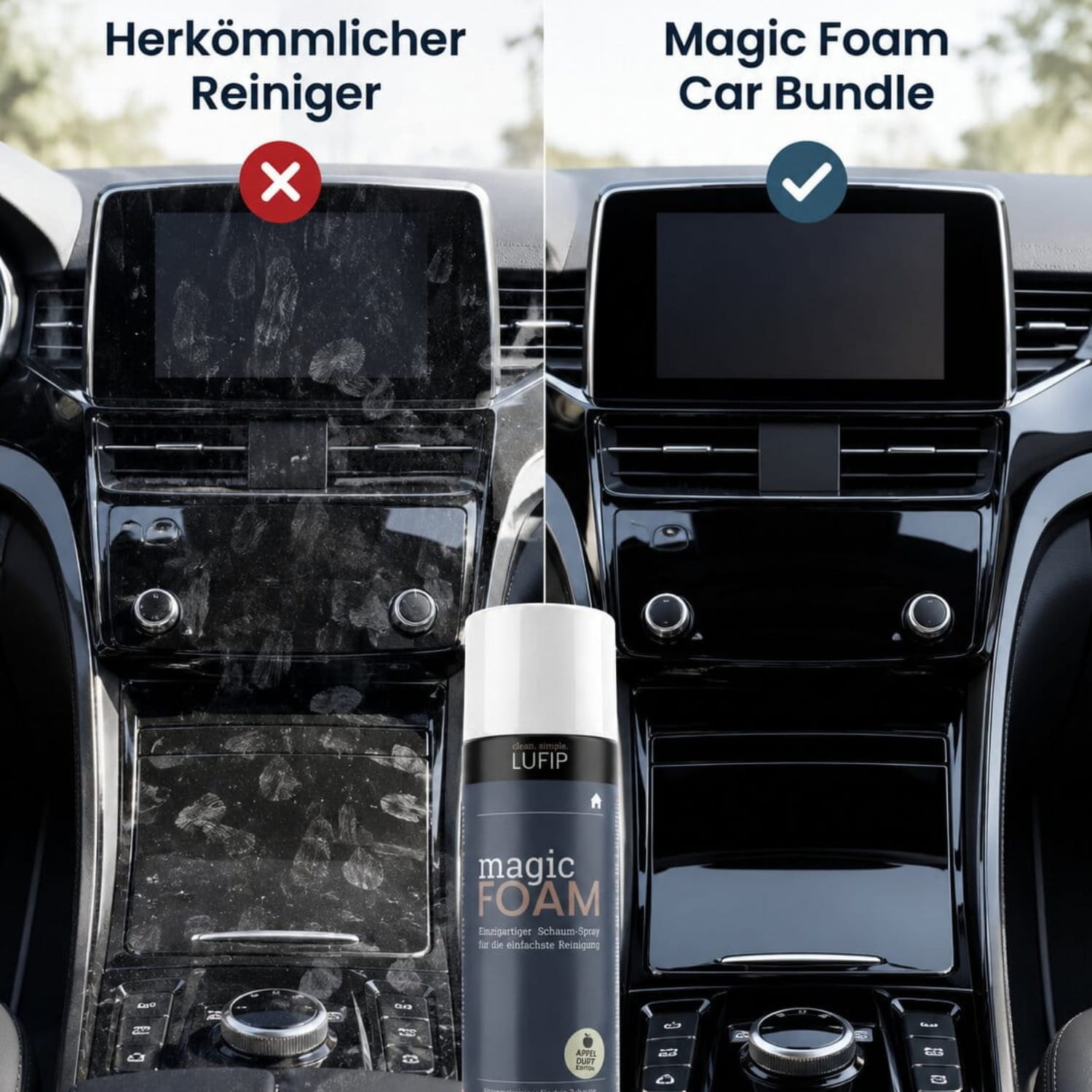 Vorher-Nachher Vergleich eines Auto-Displays mit LUFIP Magic Foam Aktivschaumreiniger im Car Bundle