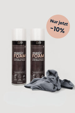 Zwei LUFIP Magic Foam Universalreiniger-Sprühdosen mit grauem Mikrofasertuch, hellgrauer Hintergrund und Rabatt-Sticker „Nur jetzt –10 %“.