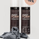  Zwei LUFIP Magic Foam Sprühflaschen nebeneinander, graues Mikrofasertuch im Vordergrund, Rabatt-Sticker „Nur jetzt –15 %“ oben rechts.