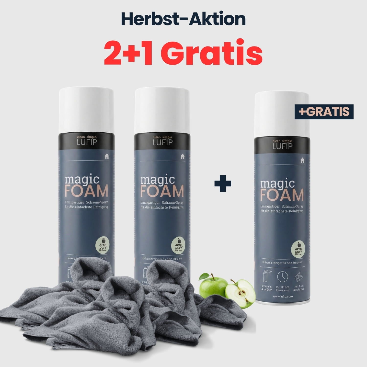LUFIP Magic Foam Apfelduft Herbst-Aktion mit drei Dosen und Reinigungstüchern – 2 kaufen und 1 gratis erhalten.