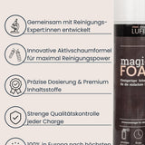 Infografik „LUFIP Vorteile“ mit fünf Icon-Punkten: gemeinsam mit Reinigungsexpert:innen entwickelt, innovative Aktivschaumformel, präzise Dosierung & Premium-Inhaltsstoffe, strenge Qualitätskontrolle jeder Charge, 100 % Fertigung in Europa; rechts teilweise sichtbar eine Magic Foam Dose.