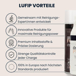 Infografik „LUFIP Vorteile“ mit fünf Icon-Punkten: gemeinsam mit Reinigungsexpert:innen entwickelt, innovative Aktivschaumformel, präzise Dosierung & Premium-Inhaltsstoffe, strenge Qualitätskontrolle jeder Charge, 100 % Fertigung in Europa; rechts teilweise sichtbar eine Magic Foam Dose.