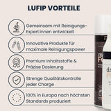 Infografik „LUFIP Vorteile“ mit fünf Icon-Punkten: gemeinsam mit Reinigungsexpert:innen entwickelt, innovative Aktivschaumformel, präzise Dosierung & Premium-Inhaltsstoffe, strenge Qualitätskontrolle jeder Charge, 100 % Fertigung in Europa; rechts teilweise sichtbar eine Magic Foam Dose.