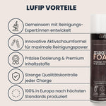Infografik „LUFIP Vorteile“ mit fünf Icon-Punkten: gemeinsam mit Reinigungsexpert:innen entwickelt, innovative Aktivschaumformel, präzise Dosierung & Premium-Inhaltsstoffe, strenge Qualitätskontrolle jeder Charge, 100 % Fertigung in Europa; rechts teilweise sichtbar eine Magic Foam Dose.