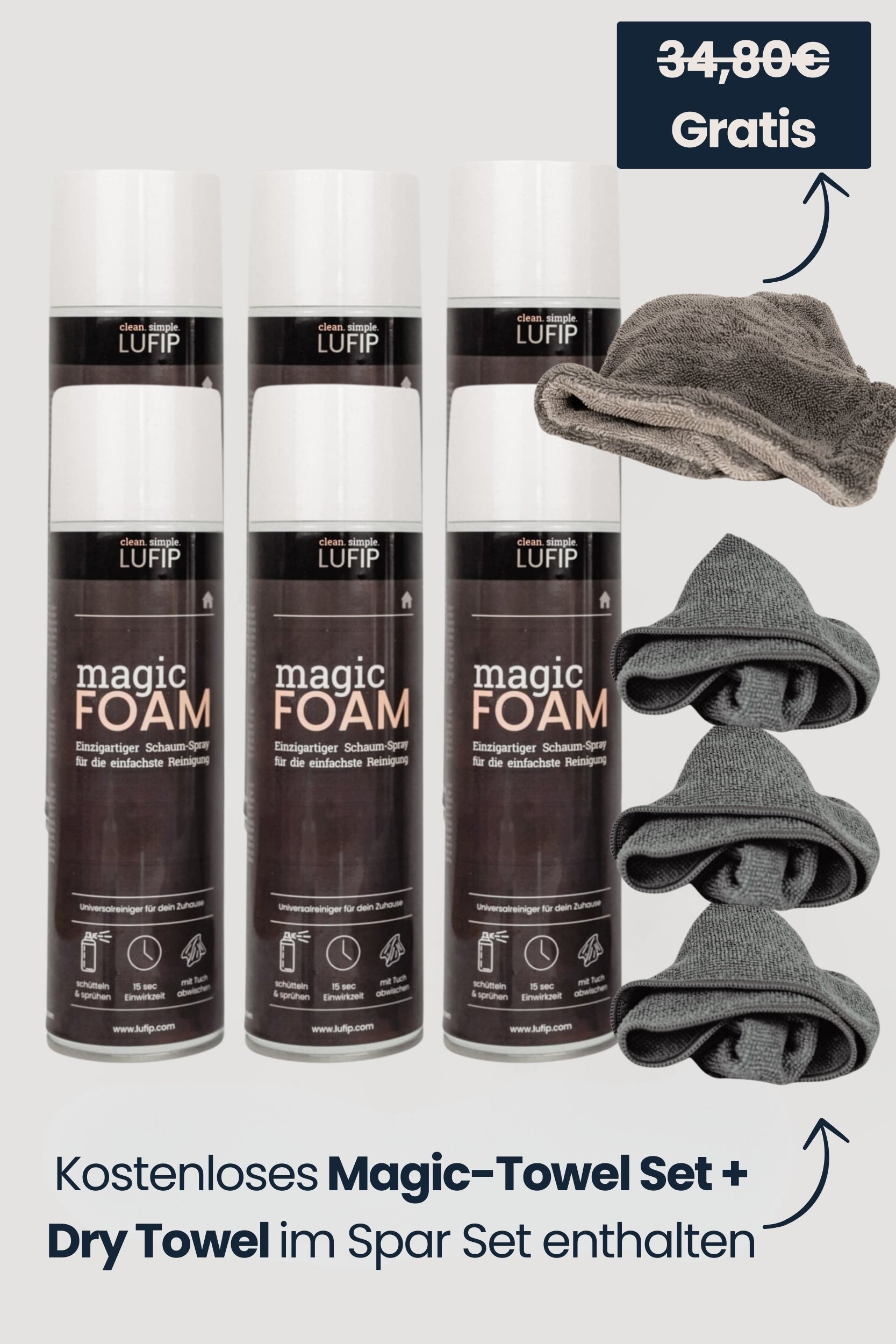 Entdecken Sie das LUFIP Magic Foam Sparset: 3× Universal-Schaumreiniger plus kostenloses Magic-Towel Set & Dry-Towel. Für mühelose, streifenfreie Reinigung aller Oberflächen!