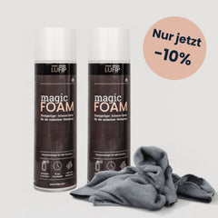 Zwei LUFIP Magic Foam Universalreiniger-Sprühdosen mit grauem Mikrofasertuch, hellgrauer Hintergrund und Rabatt-Sticker „Nur jetzt –10 %“.