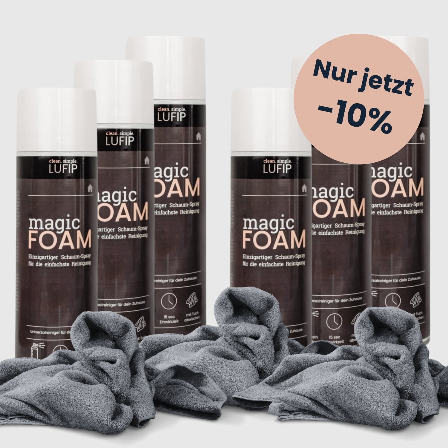 Vorteil Set LUFIP Magic Foam Spraydosen in zwei Reihen, mehrere graue Mikrofasertücher im Vordergrund; runder Rabatt-Sticker „Nur jetzt –10 %“ auf hellem Hintergrund.