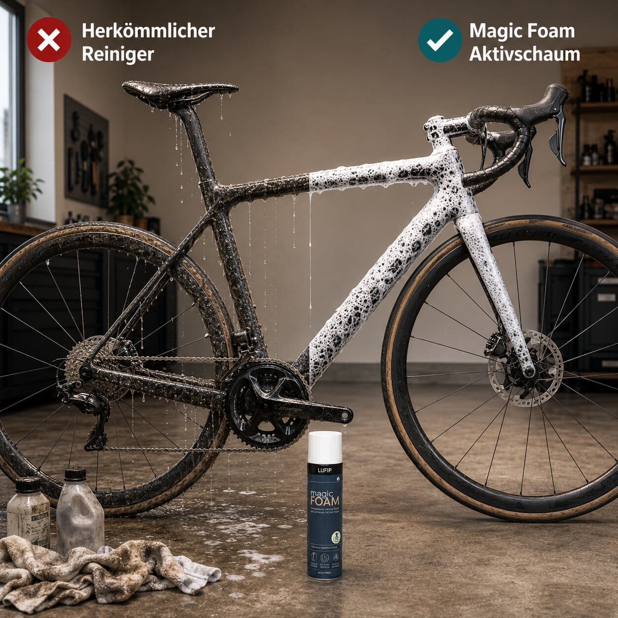 Vergleich zwischen herkömmlichem Fahrradreiniger und LUFIP Magic Foam Aktivschaum auf einem Rennrad.