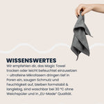 Hand hält ein graues LUFIP Magic Towel hoch; Infosektion erklärt: trocken oder leicht feucht verwenden, ultrafeine Mikrofasern reinigen porentief, nehmen Schmutz & Feuchtigkeit auf, bleiben formstabil, langlebig, waschbar bei 30 °C ohne Weichspüler, EU-Made-Qualität.