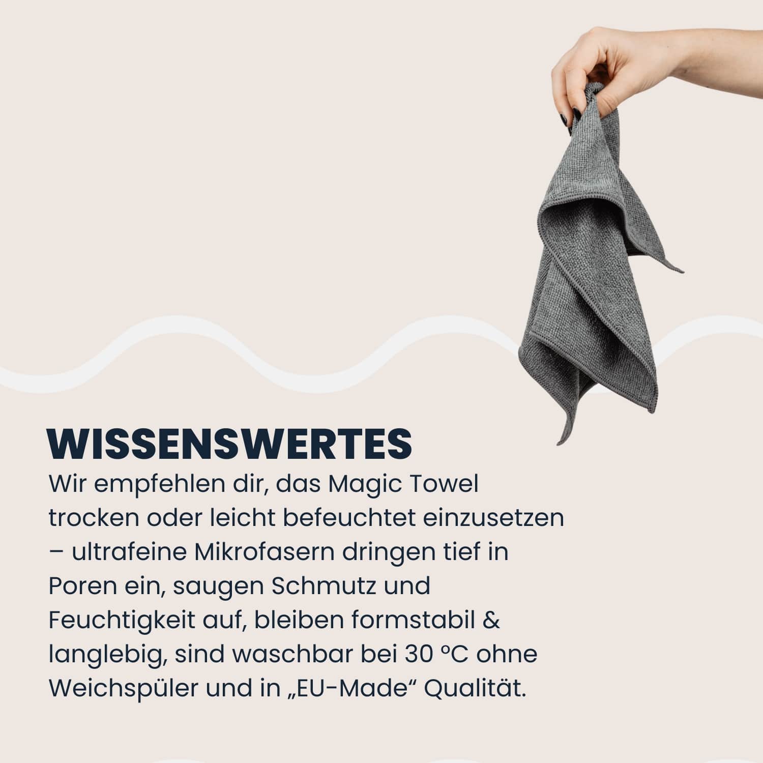 Hand hält ein graues LUFIP Magic Towel hoch; Infosektion erklärt: trocken oder leicht feucht verwenden, ultrafeine Mikrofasern reinigen porentief, nehmen Schmutz & Feuchtigkeit auf, bleiben formstabil, langlebig, waschbar bei 30 °C ohne Weichspüler, EU-Made-Qualität.