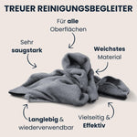 Ähnliche Vorteilsgrafik mit Hand und flauschigem grauen Magic Towel; Punkte zeigen High-Tech-Mikrofasern, maximale Saugkraft, schlierenfreie Ergebnisse, Qualitätskontrolle und Fertigung in Europa.