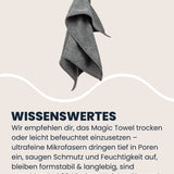 Hand hält ein graues LUFIP Magic Towel hoch; Infosektion erklärt: trocken oder leicht feucht verwenden, ultrafeine Mikrofasern reinigen porentief, nehmen Schmutz & Feuchtigkeit auf, bleiben formstabil, langlebig, waschbar bei 30 °C ohne Weichspüler, EU-Made-Qualität.