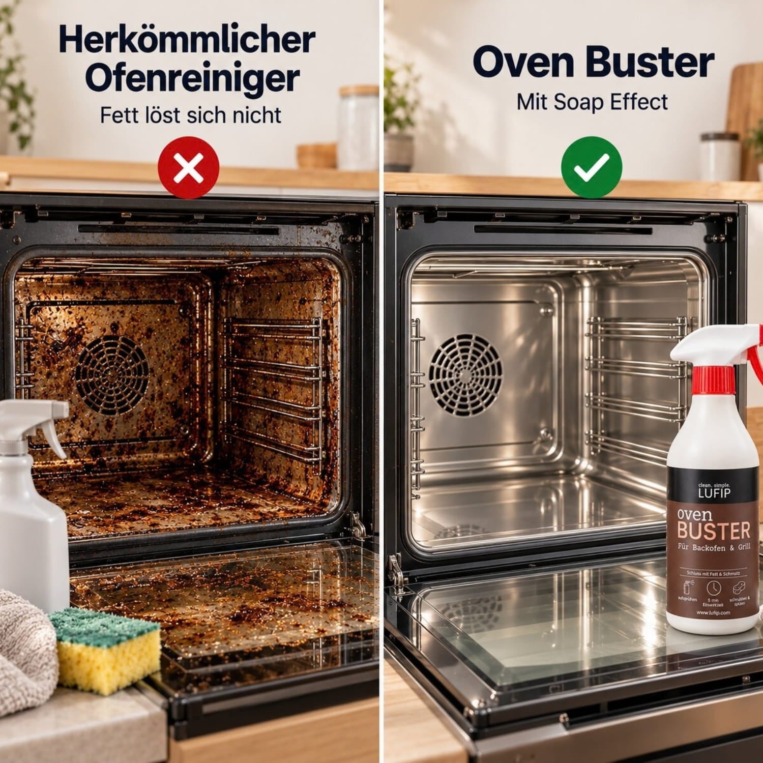 Vergleich eines stark verschmutzten Backofens mit einem sauberen Backofen nach der Reinigung mit LUFIP Oven Buster und Soap Effect gegen eingebranntes Fett.