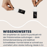 Zwei Hände demonstrieren die Einhand-Präzisionsdüse des LUFIP Quick Fix Sekundenklebers; Infografik-Segment „Wissenswertes“ beschreibt punktuelles Auftragen, ultraschnelle Aushärtung und EU-Fertigung.