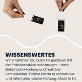 Zwei Hände demonstrieren die Einhand-Präzisionsdüse des LUFIP Quick Fix Sekundenklebers; Infografik-Segment „Wissenswertes“ beschreibt punktuelles Auftragen, ultraschnelle Aushärtung und EU-Fertigung.