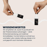 Zwei Hände demonstrieren die Einhand-Präzisionsdüse des LUFIP Quick Fix Sekundenklebers; Infografik-Segment „Wissenswertes“ beschreibt punktuelles Auftragen, ultraschnelle Aushärtung und EU-Fertigung.