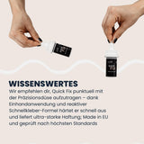 Zwei Hände demonstrieren die Einhand-Präzisionsdüse des LUFIP Quick Fix Sekundenklebers; Infografik-Segment „Wissenswertes“ beschreibt punktuelles Auftragen, ultraschnelle Aushärtung und EU-Fertigung.