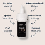 Quick Fix Kleberfläschchen mit Pfeilen: für jedes Material, Spezialverschluss, Profi-Qualität, ultraschnelle Haftung, Einhand-Mechanik; Heading „Reparaturen in Lichtgeschwindigkeit“.

