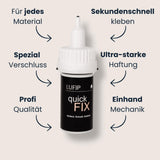 Quick Fix Kleberfläschchen mit Pfeilen: für jedes Material, Spezialverschluss, Profi-Qualität, ultraschnelle Haftung, Einhand-Mechanik; Heading „Reparaturen in Lichtgeschwindigkeit“.

