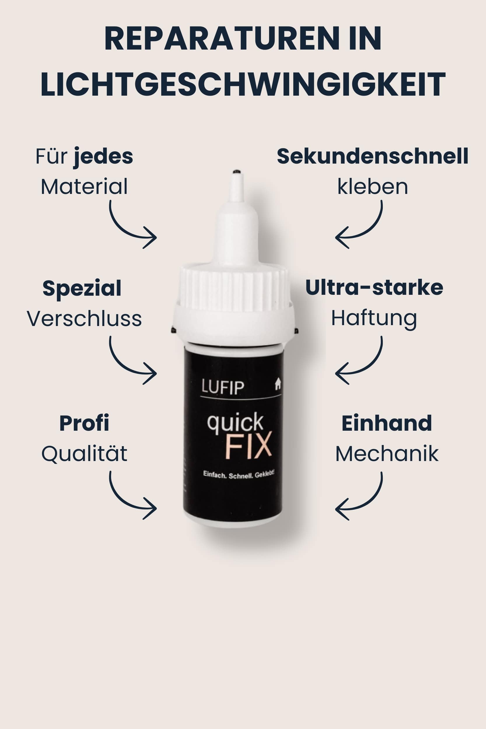 Quick Fix Kleberfläschchen mit Pfeilen: für jedes Material, Spezialverschluss, Profi-Qualität, ultraschnelle Haftung, Einhand-Mechanik; Heading „Reparaturen in Lichtgeschwindigkeit“.

