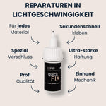 Quick Fix Kleberfläschchen mit Pfeilen: für jedes Material, Spezialverschluss, Profi-Qualität, ultraschnelle Haftung, Einhand-Mechanik; Heading „Reparaturen in Lichtgeschwindigkeit“.

