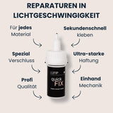 Quick Fix Kleberfläschchen mit Pfeilen: für jedes Material, Spezialverschluss, Profi-Qualität, ultraschnelle Haftung, Einhand-Mechanik; Heading „Reparaturen in Lichtgeschwindigkeit“.

