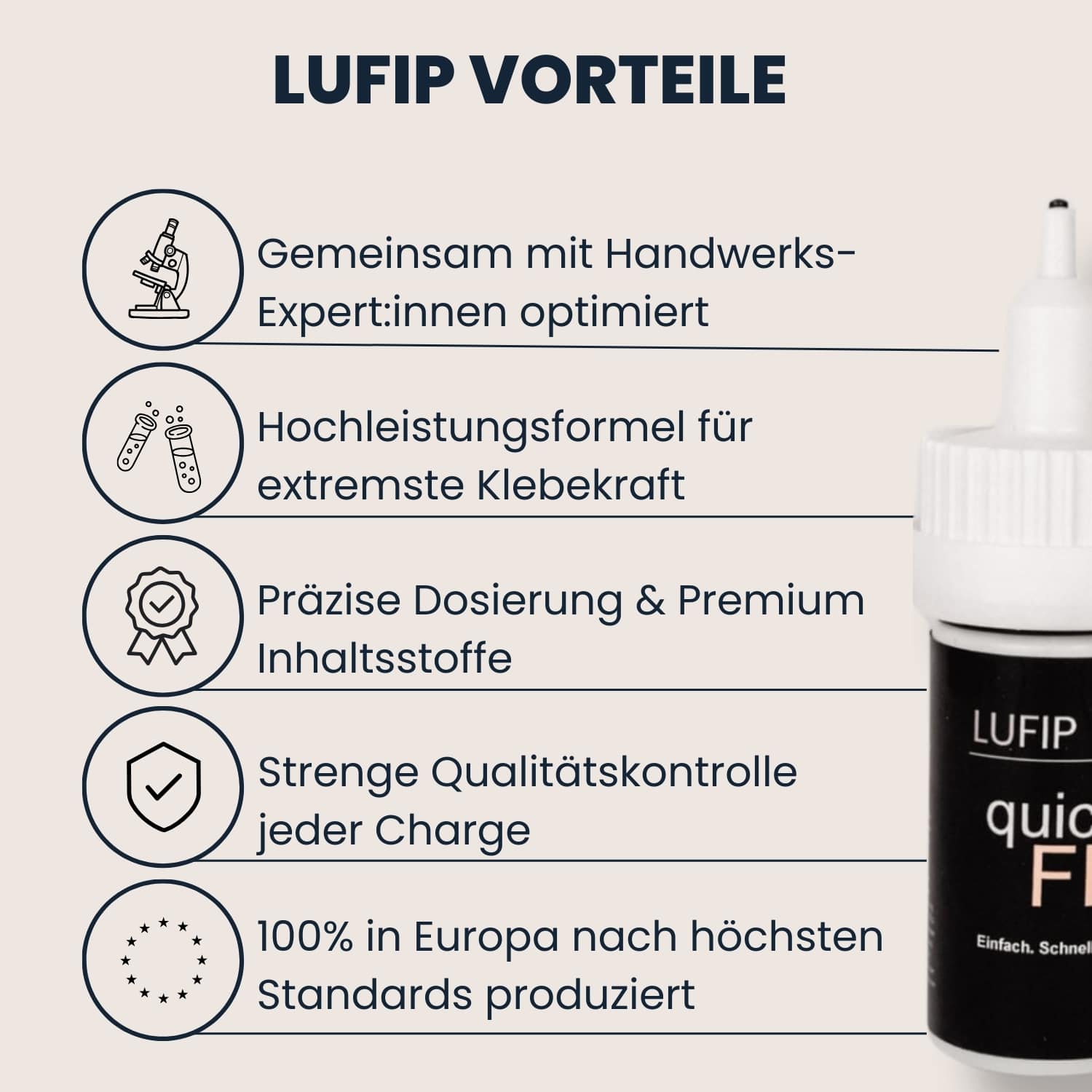  Infografik „LUFIP Vorteile“ mit Quick Fix Sekundenkleberflasche rechts; links fünf Icon-Bullet-Points: gemeinsam mit Handwerks-Expert:innen entwickelt, Hochleistungsformel für extreme Klebekraft, präzise Dosierung & Premium-Inhaltsstoffe, strenge Qualitätskontrolle jeder Charge, 100 % Produktion in Europa.

