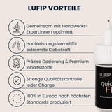  Infografik „LUFIP Vorteile“ mit Quick Fix Sekundenkleberflasche rechts; links fünf Icon-Bullet-Points: gemeinsam mit Handwerks-Expert:innen entwickelt, Hochleistungsformel für extreme Klebekraft, präzise Dosierung & Premium-Inhaltsstoffe, strenge Qualitätskontrolle jeder Charge, 100 % Produktion in Europa.

