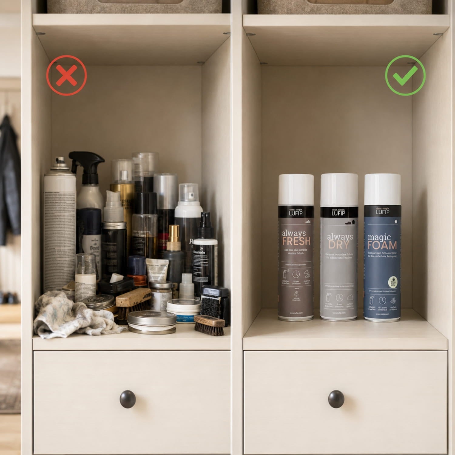 Vergleich vieler einzelner Schuhpflegeprodukte mit dem LUFIP 3-Step-System aus Magic Foam, Always Dry und Always Fresh.