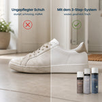 Vorher-Nachher-Vergleich eines weißen Sneakers mit dem LUFIP 3-Step-Schuhpflege-System für saubere, geschützte und frische Schuhe.