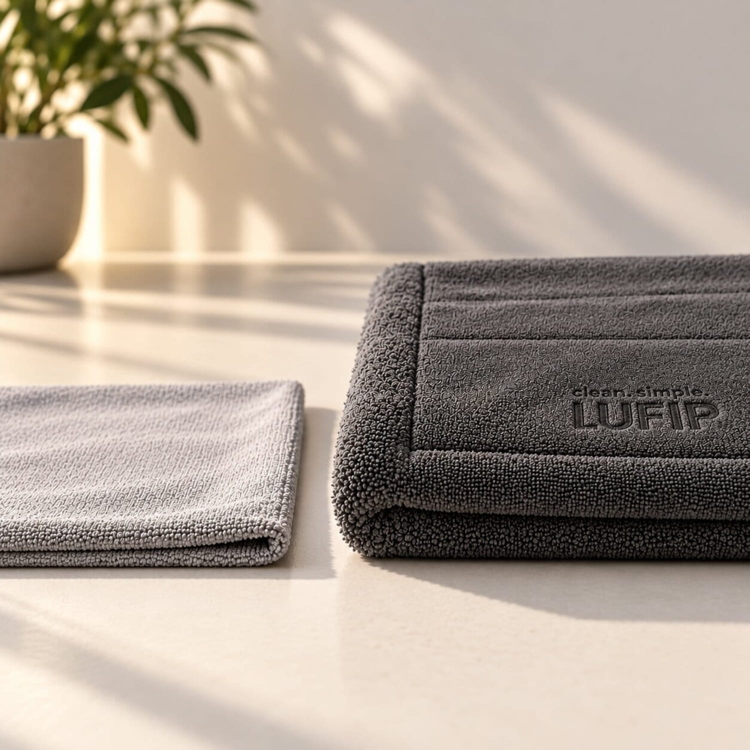 Gefaltete LUFIP Ultra Towels in Dunkelgrau mit eingeprägtem LUFIP Logo und dichter Twist-Technologie.