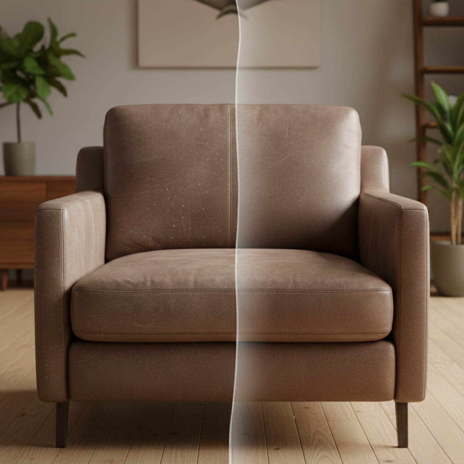 Vorher-Nachher-Vergleich eines braunen Ledersessels. Oberfläche wird sichtbar sauberer und gleichmäßiger.