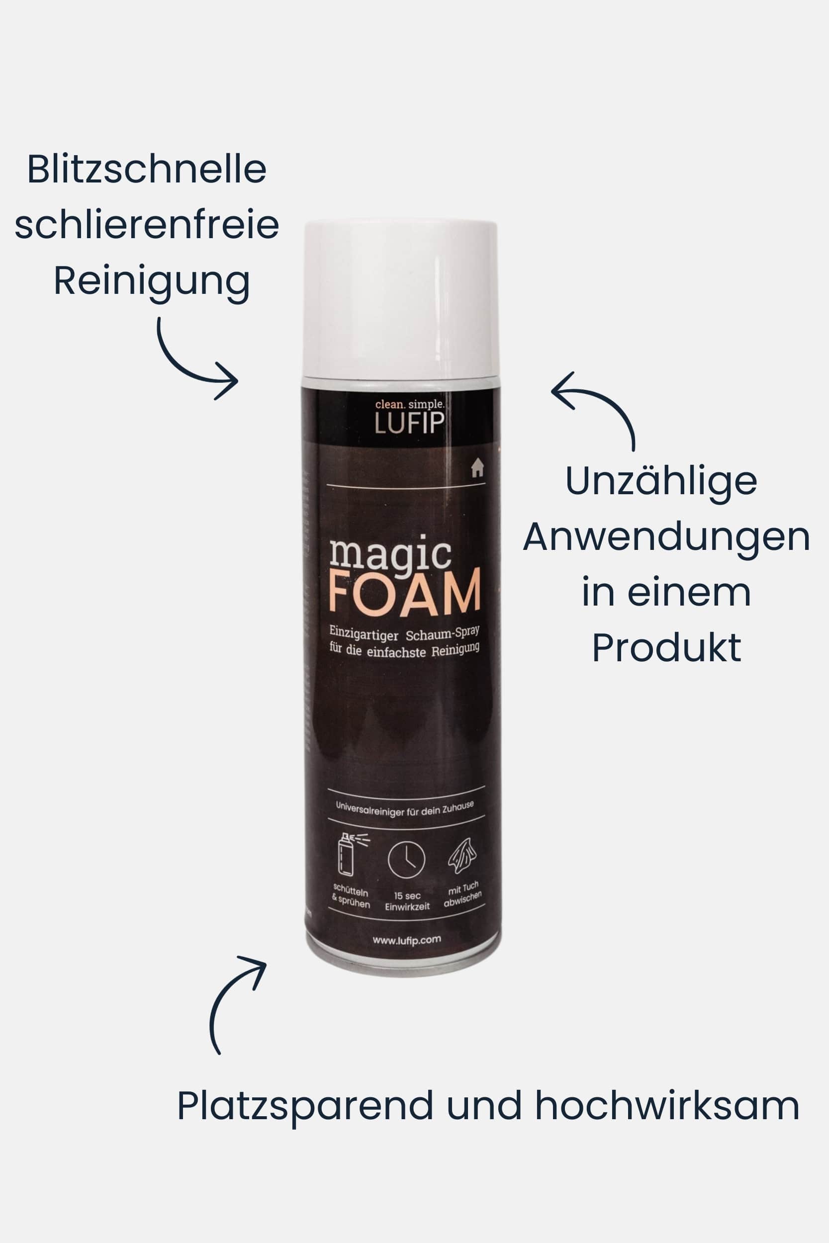 Magic Foam Schaumreiniger: Effektive Reinigung mit Schaumtechnologie für vielseitige Anwendungen. Schnell, schlierenfrei, platzsparend. Dargestellt vor neutralem Hintergrund.