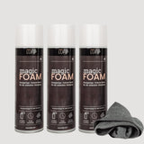 Magic Foam Set vor neutralem Hintergrund - Drei Dosen des ultimativen Schaumreinigers und ein Magic Towel inklusive. Verdreifache deine Reinigungskraft mit blitzschneller, schlierenfreier Reinigung. Hol dir jetzt mühelose Sauberkeit.