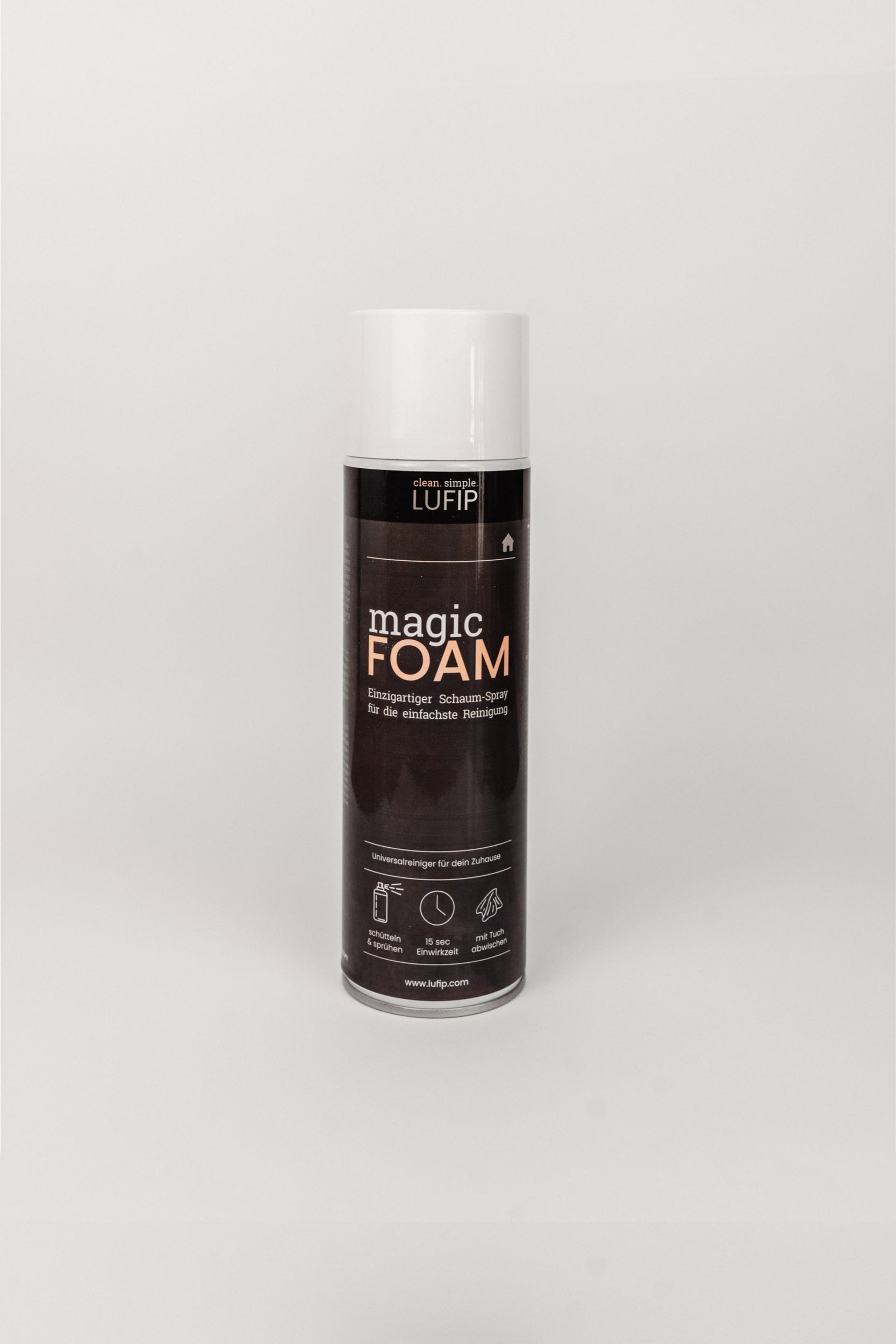 Magic Foam Dose - Vielseitiger Schaumreiniger für schnelle, streifenfreie Reinigung. Nutzbar auf allen Oberflächen. Ersetzt mehrere Reinigungsmittel. Effektiv und sparsam im Verbrauch. Dose vor neutralem weißen Hintergrund