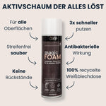 Magic Foam Reinigungsschaum von LUFIP in einer Weißblechdose, umgeben von Produktvorteilen: Für alle Oberflächen, streifenfrei sauber, keine Rückstände, 3x schneller putzen, antibakterielle Wirkung, 100 % recycelte Weißblechdose.